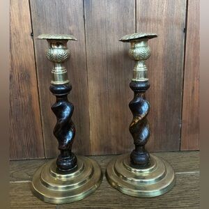 Vitange 20th century set of 2 antique brass and wood candle stick holders